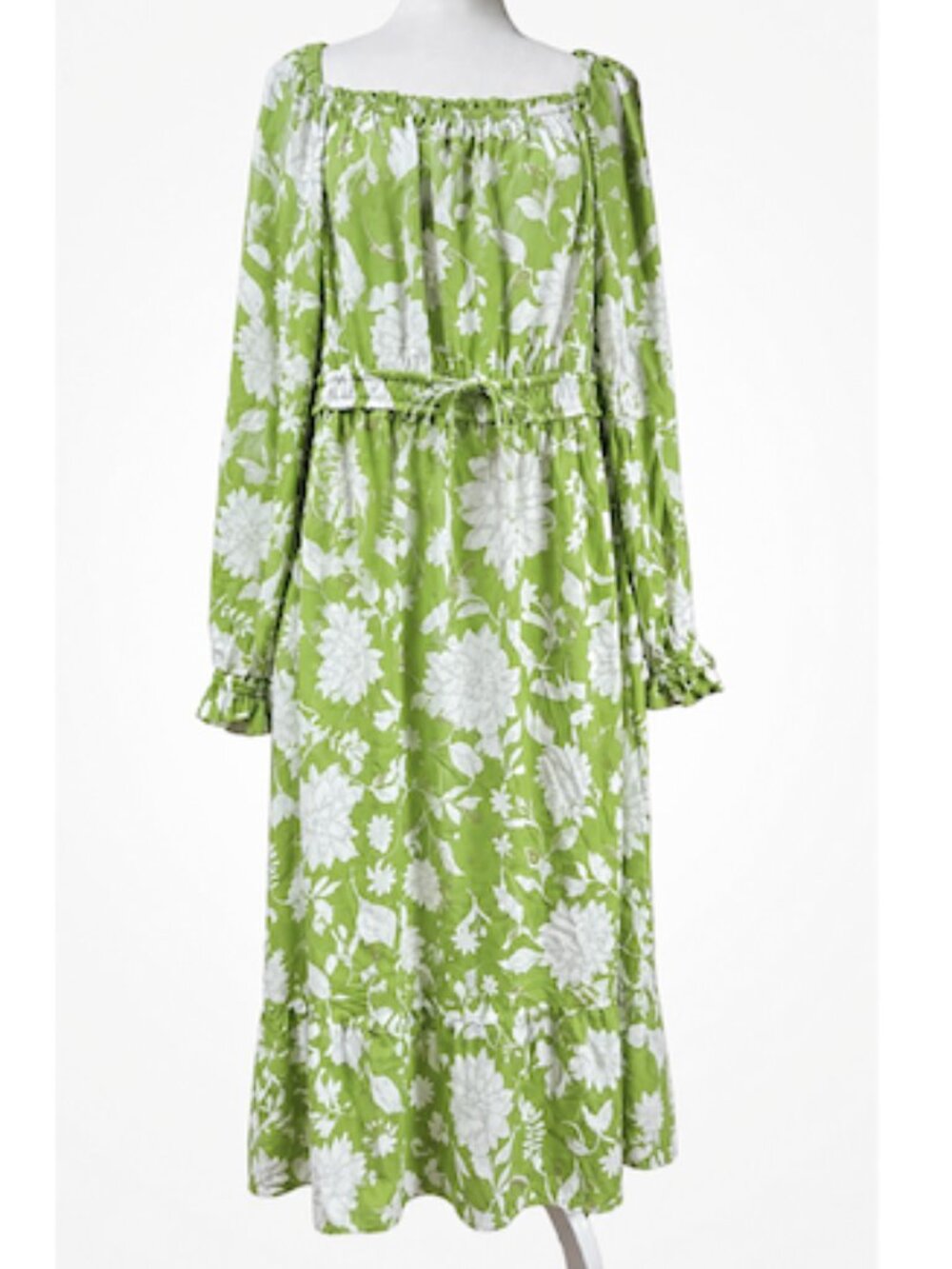 Ava & Viv Boho‎ Floral Maxi Dress Womens 3X Green White Smocked Long Sleeve NWOT